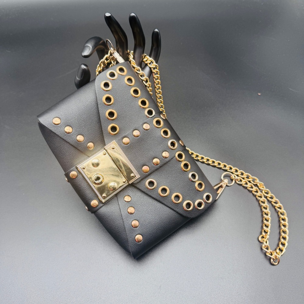 Unbranded Crossbody Bag Womens Small Black Studded Grommet Gold Chain Strap